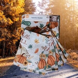 Autumn Tapestry Runner with Pumpkins and Leaves and 6 Matching Placemats